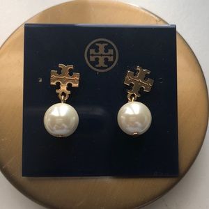 Tory Burch Logo Pearl Drop Earrings
